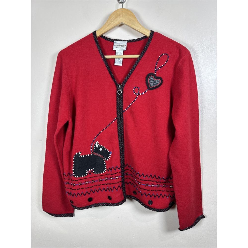 VTG Napa Valley Womens Novelty Sweater Scottie Dog M Zip Up Wool Blend Red
